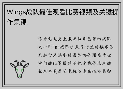 Wings战队最佳观看比赛视频及关键操作集锦
